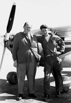 Peter Gluckmann posing with an American Service Member in front of his Luscombe N1838B in Goose Bay Labrador. Photo: Fritz Adam 