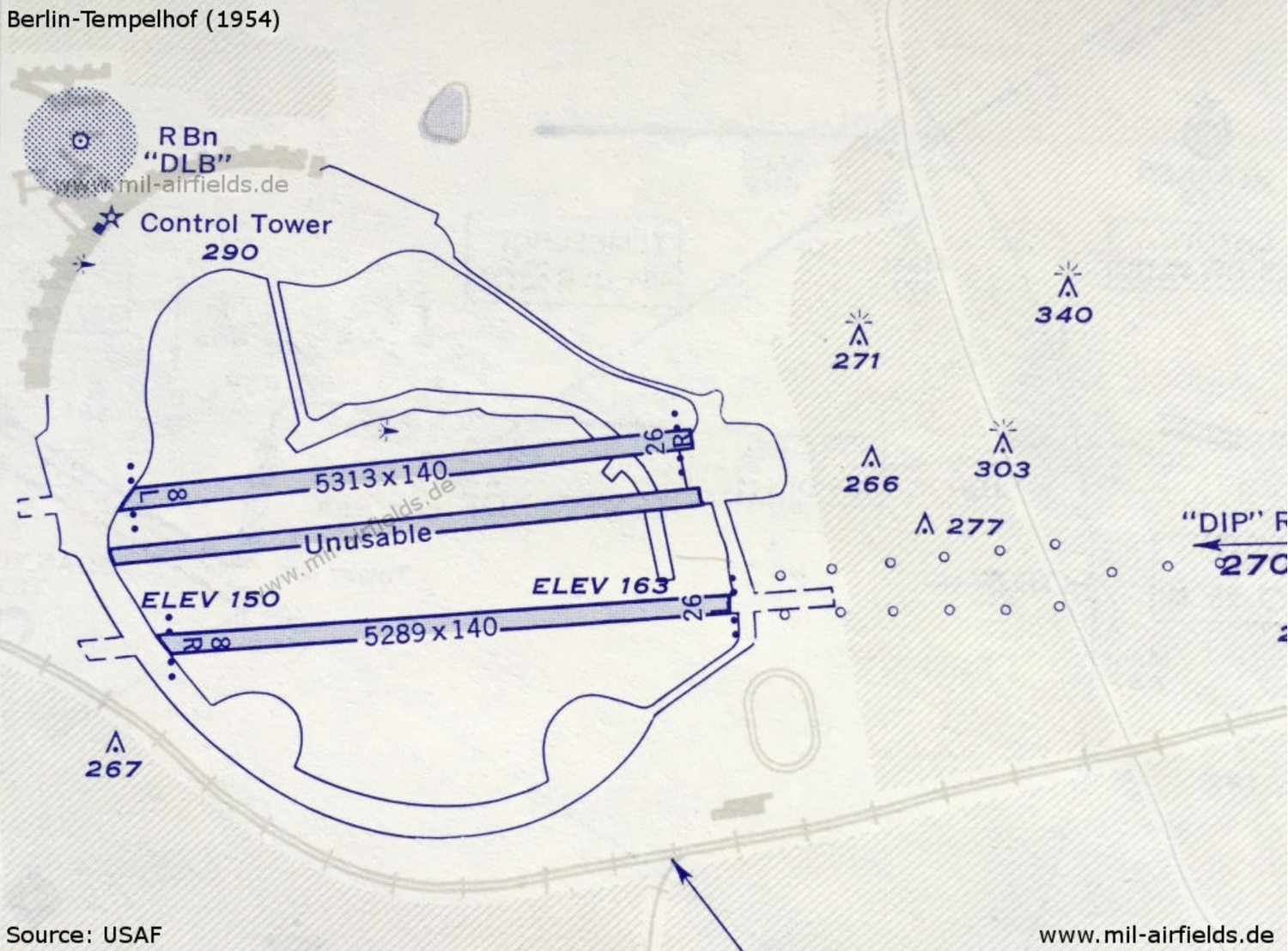 Excerpt of Tempelhof Airport from the aviation charts used by the US Air Force and civilian aircraft in 1954. It is likely that Gluckmann had this or something very similar on his aerial navigation chart. The middle runway, as per the 1953 aerial photo, is marked as closed. During the Berlin Air Lift three runways were in operation, with two additional runways being built with building rubble for their base. Source USAF via mil-airfields.de