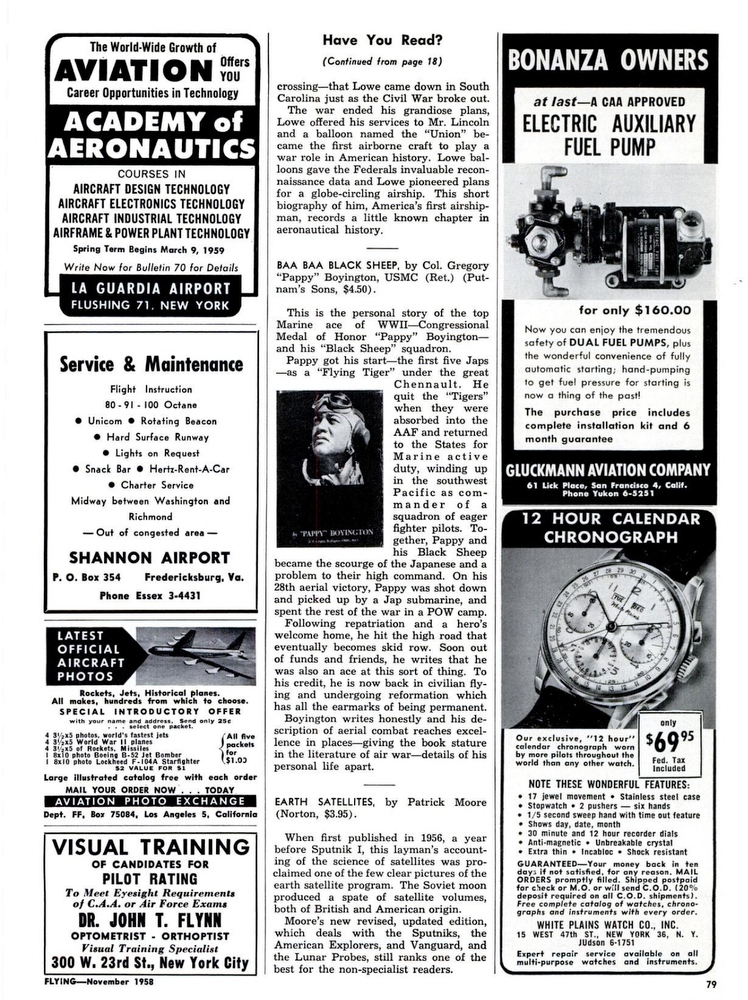 Gluckmann Aviation Company advertisement for Electric Auxiliary Fuel Pump for Bonanza, showing full page context. This ad appeared in the classifieds in Flying Magazine during much of the late 1950s. (Source: Flying Magazine, November 1958 p.79) 
