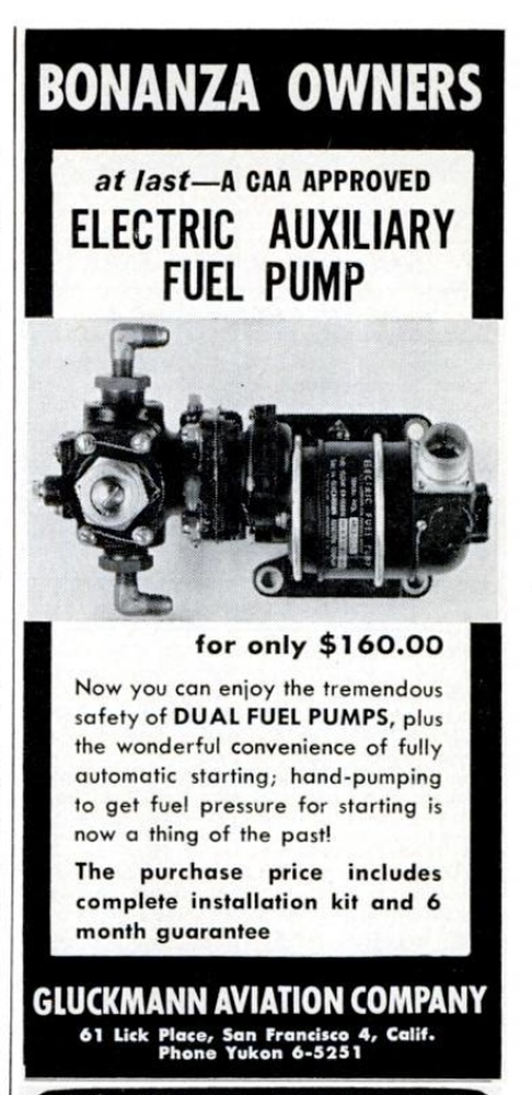 Gluckmann Aviation Company advertisement for Electric Auxiliary Fuel Pump for Bonanza. This ad appeared in the classifieds in Flying Magazine during much of the late 1950s. (Source: Flying Magazine, November 1958 p.79) 