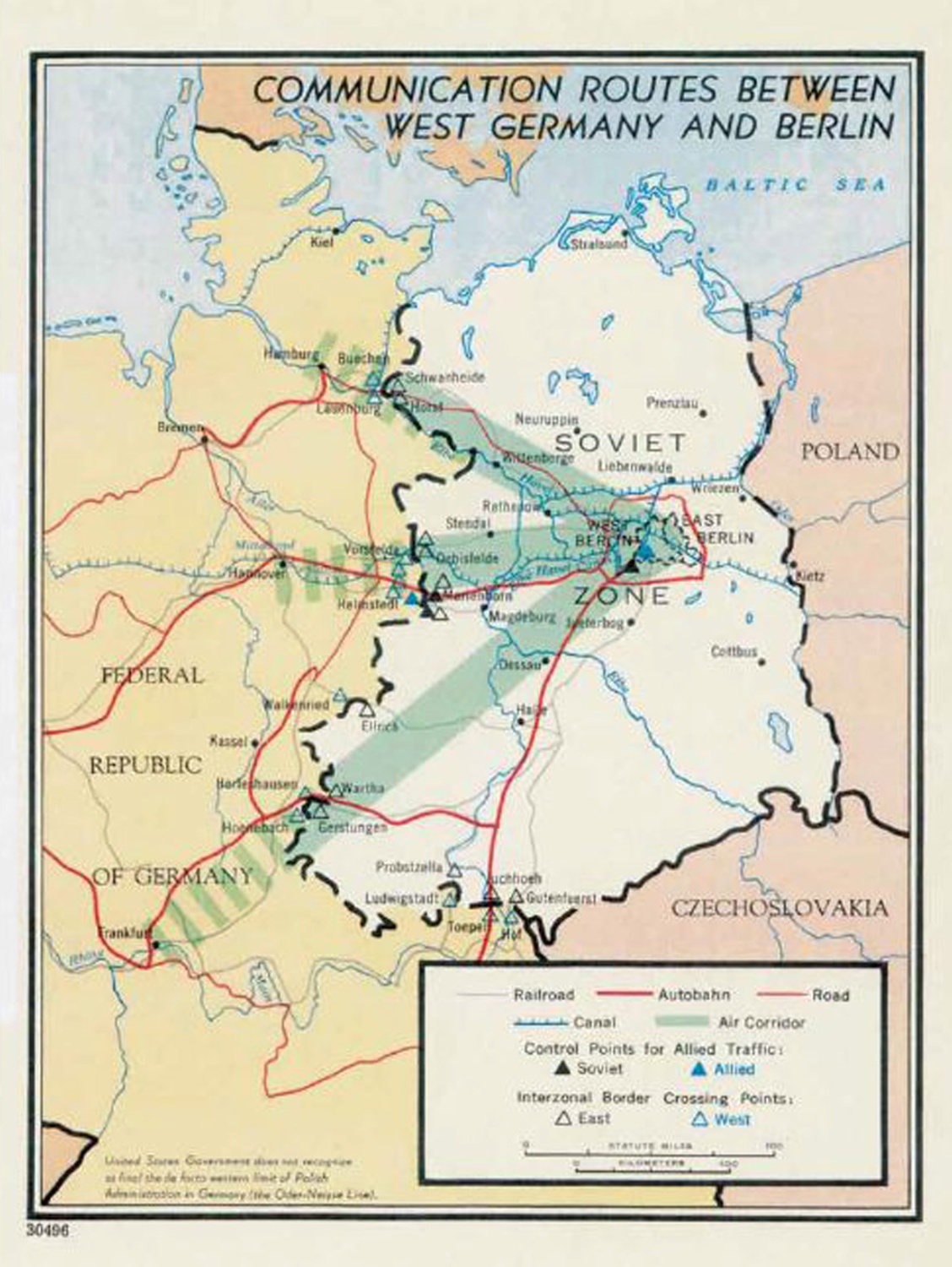 Map showing the three 20 mile wide air corridors connecting West-Berlin with West-Germany. Source, NATO, operation Live Oak. 