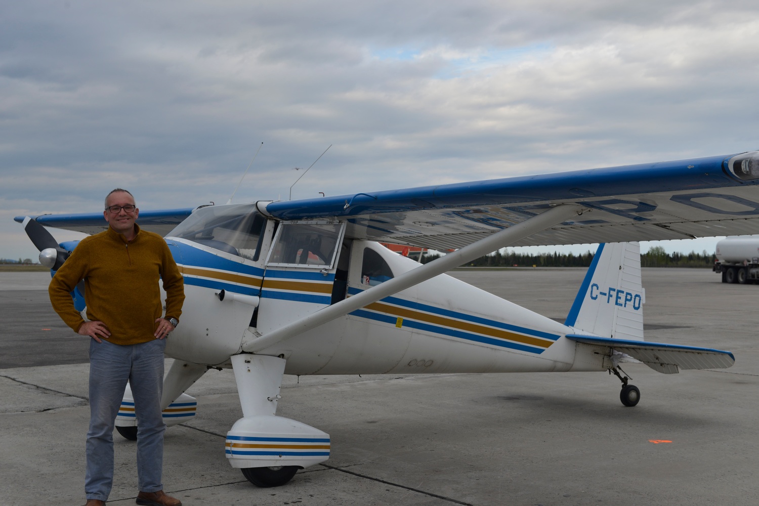 Luscombe 8F C-FEPO (formerly N1838B) Happy Valley Goose Bay, Newfoundland and Labrador. 2017. This is the airport, then a US Air Force Base, from which Peter Gluckmann flew on to Greenland on his historic flight to Berlin in 1953. Present owner Louis Helbig in front of aircraft 