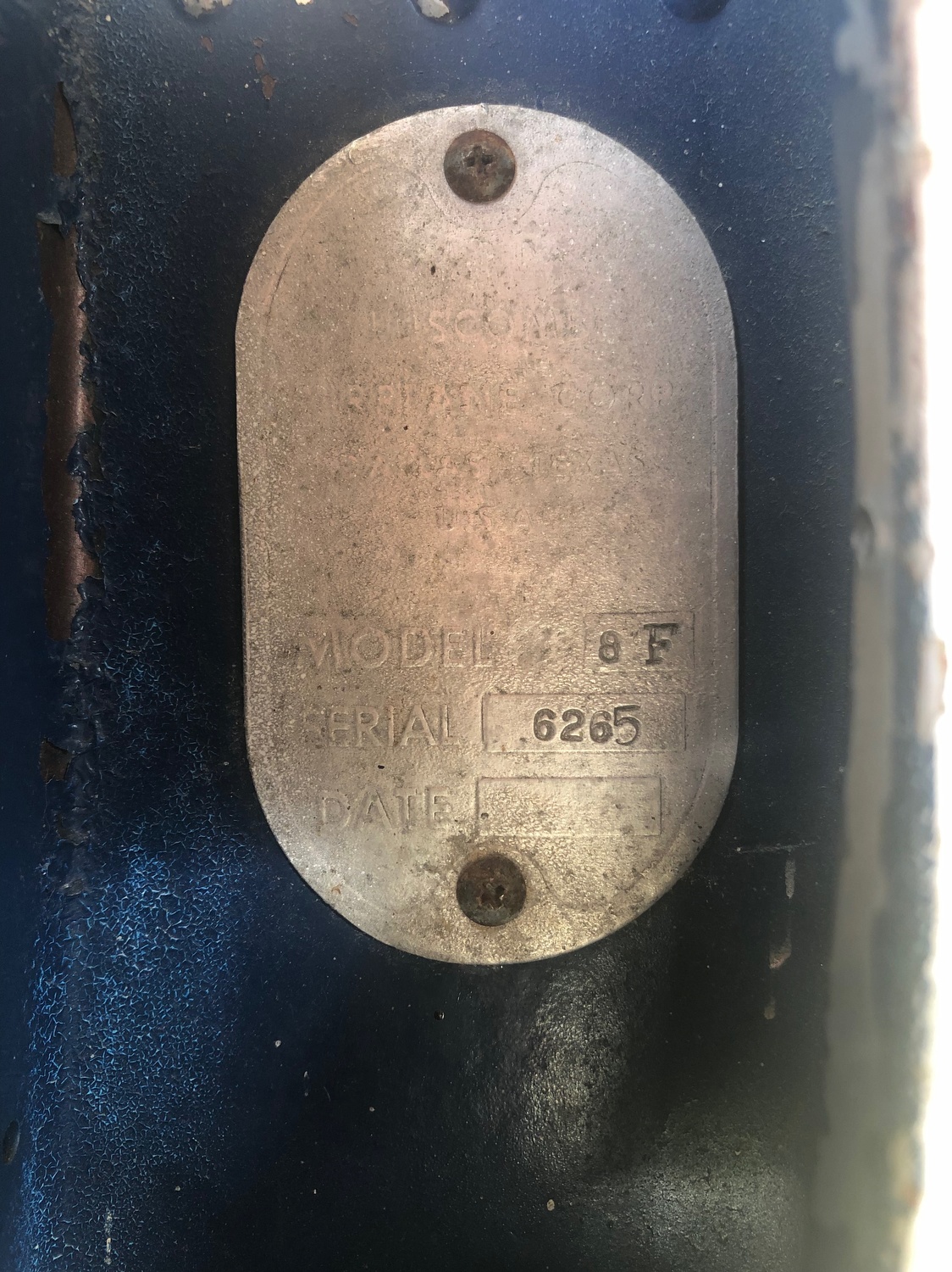 Luscombe 8F C-FEPO (formerly N1838B) serial number plaque. serial 6265 