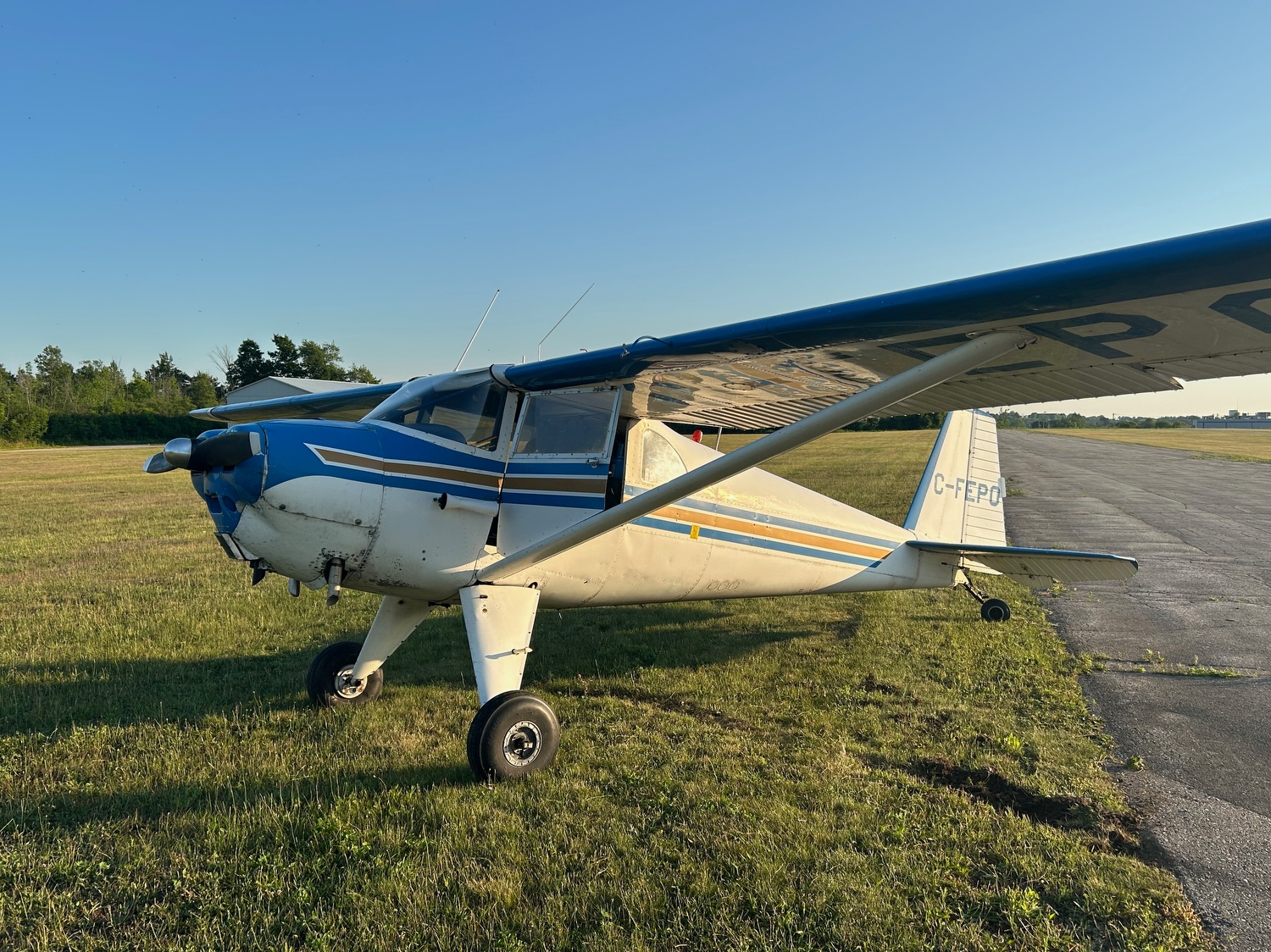 C-FEPO Luscombe 8F just after the ground-loop incident in June 2025. To the untrained eye there is little obvious damage. On closer look a number of fuselage skins are wrinkled and the landing gear is damaged. 