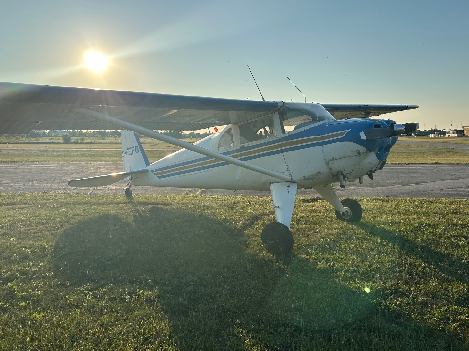 C-FEPO Luscombe 8F just after the ground-loop incident in June 2025. To the untrained eye there is little obvious damage. On closer look a number of fuselage skins are wrinkled and the landing gear is damaged. 