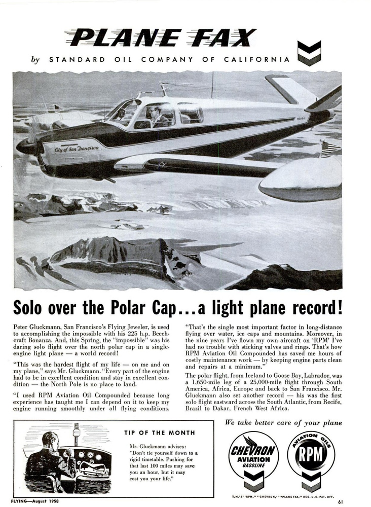 Chevron Aviation Gasoline Advertisement, PLANE FAX by Standard Oil Company of California.  Solo over the Polar Cap … a light plane record!  (Source: FLYING Magazine, August 1958, p.61)