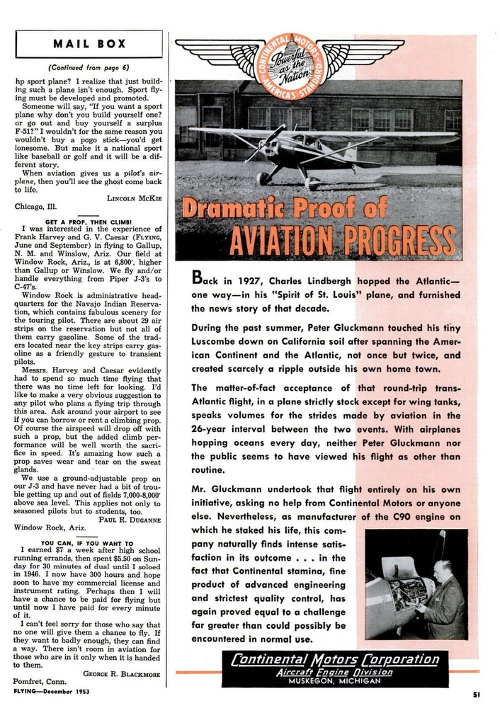 Continental Motors Advertisement, Dramatic Proof of AVIATION PROGRESS, featuring Peter Gluckmann and picture of Luscombe N1838B.  (Source FLYING Magazine, December 1953, p. 51)