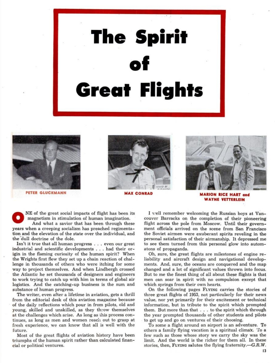 Editorial, The Spirit of Great Flights, Flying Magazine January 1954 p.13