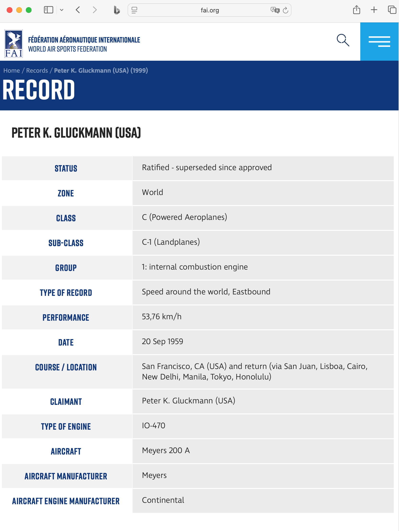 Fédération Aéronautique Internationale, webpage recording Peter Gluckmann’s September 20, 1959 “Speed Around the World, Eastbound” in the “Powered Aeroplanes” category. Technically he owned two records that for Powered Aeroplanes (Landplanes C-1) and for Powered Aeroplanes (Landplanes in the 500 to 1750kg) categories. source: www.fai.org/record/1999  