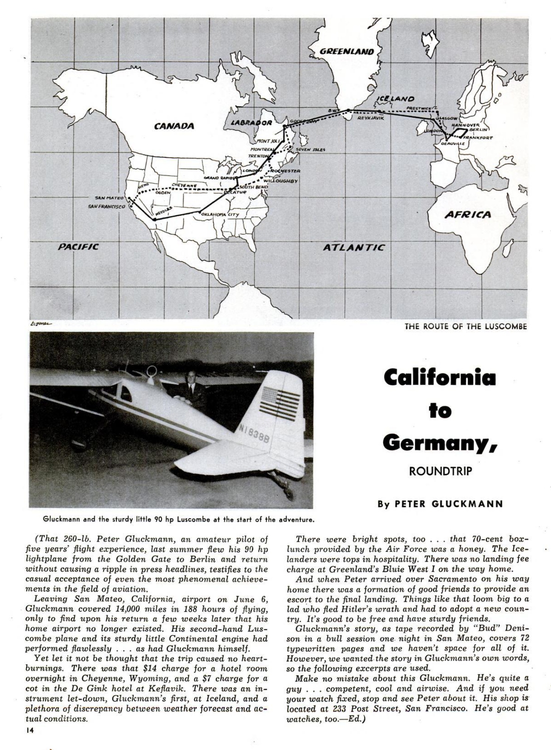California to Germany, Round Trip by Peter Gluckmann, Flying Magazine January 1954 p.14