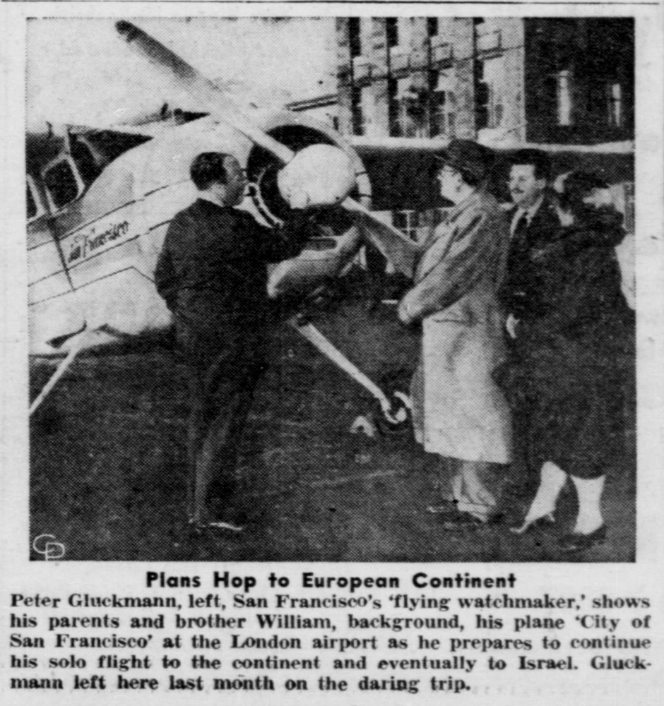 Peter Gluckmann and his Cessna 190 with his father, mother and brother William at London, England airport in June 1956. (source: Jewish Community Bulletin, June 29, 1956, p.1) 