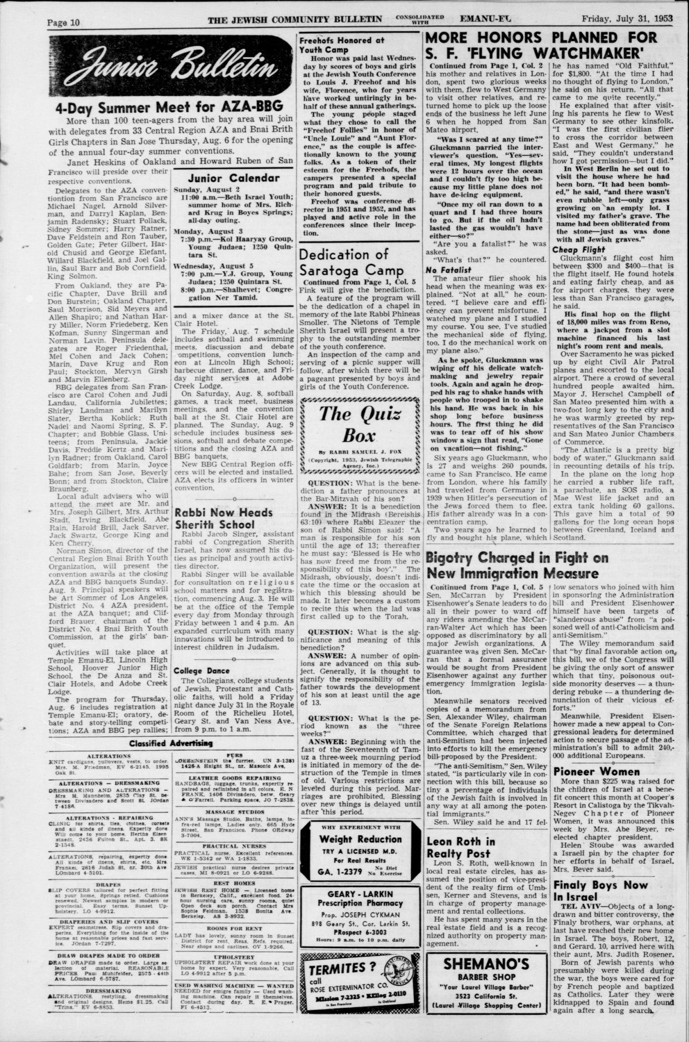 JEWISH COMMUNITY BULLETIN EMANU-EL July 31, 1953 page 10