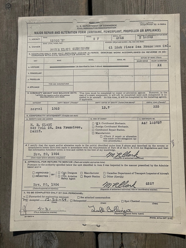337 Repair and Alteration Form November 20, 1954 removal of extra tanks and return to normal configuration. 