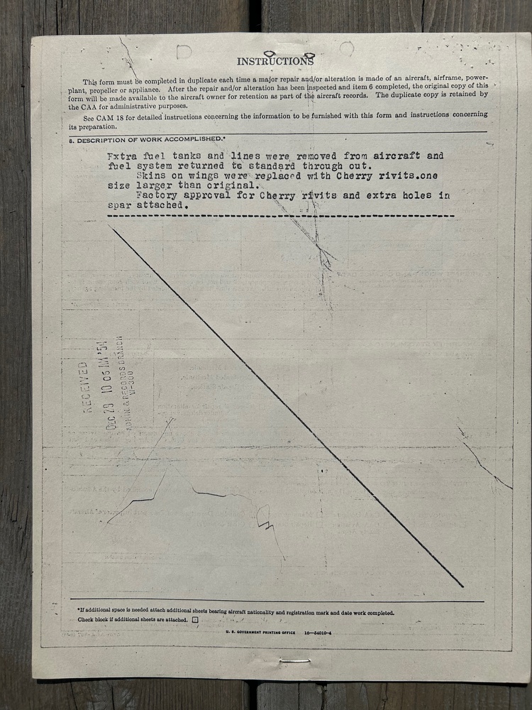 337 Repair and Alteration Form November 20, 1954 removal of extra tanks and return to normal configuration. 