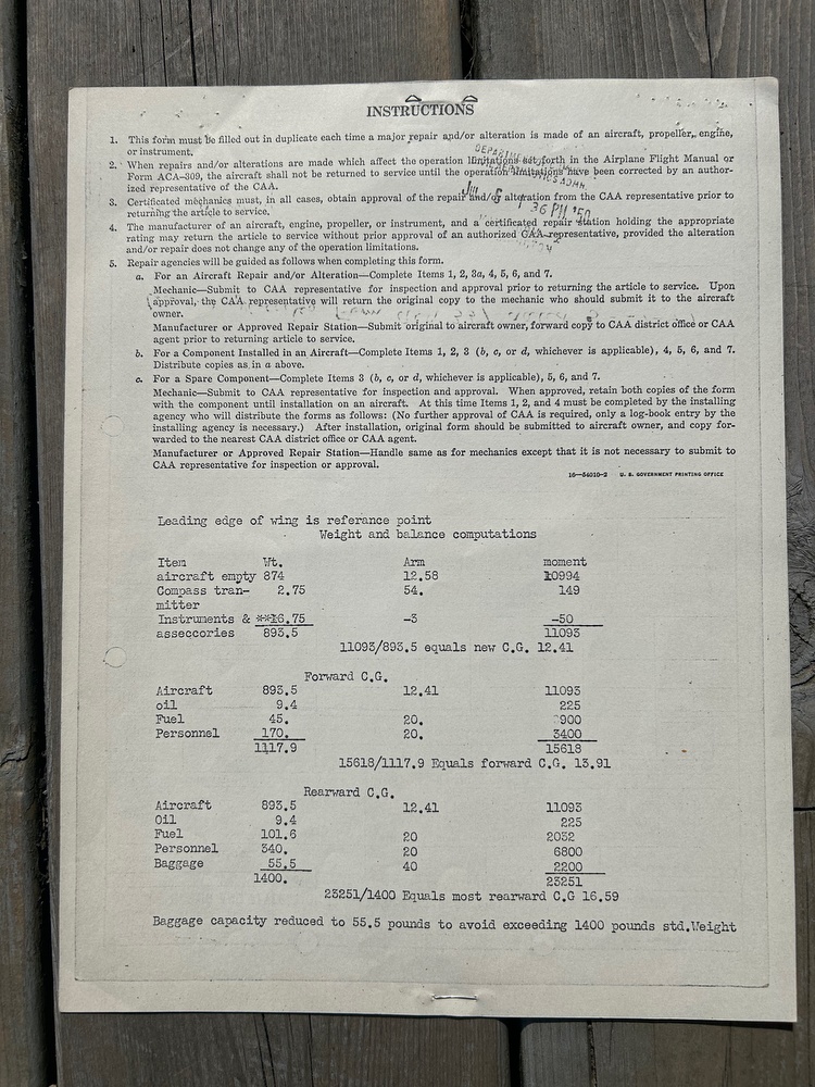 337 Repair and Alternation Form Installation of new panel, instruments and vacuum system. This June 5, 1950 alteration was of Peter Gluckmann’s design. Much of this is still in the aircraft. 