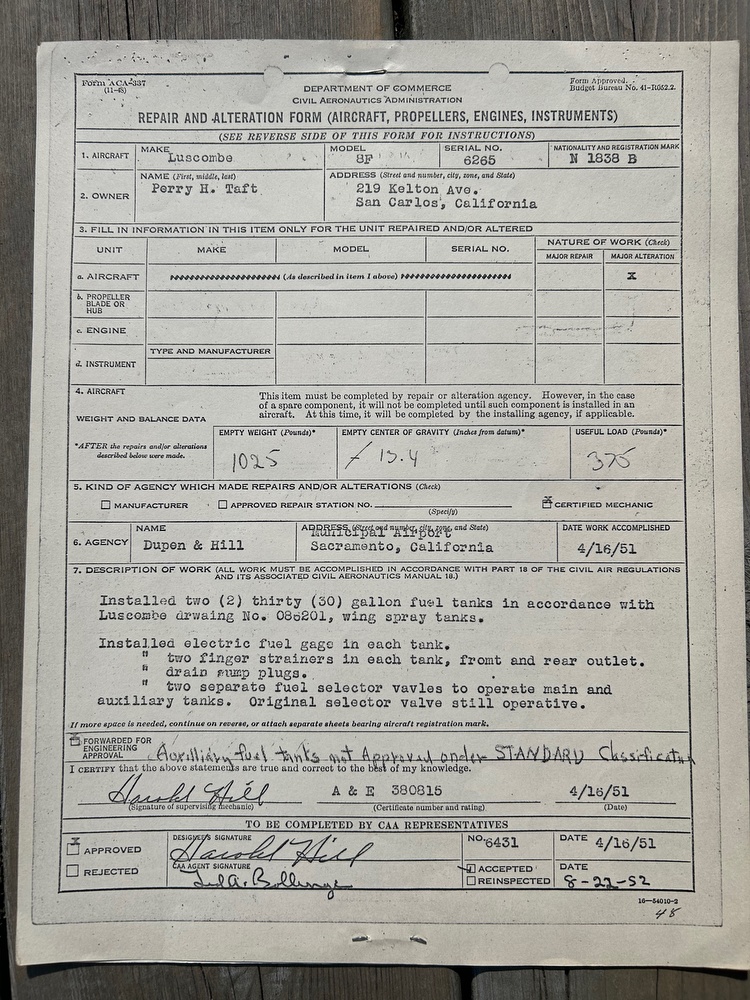 337 Repair and Alternation Form Installation of two extra 30 gallon wing tanks and hardware. This April 16, 1951 used tanks/hardware from the Luscombe factory that would normally have been used for agricultural spraying. 