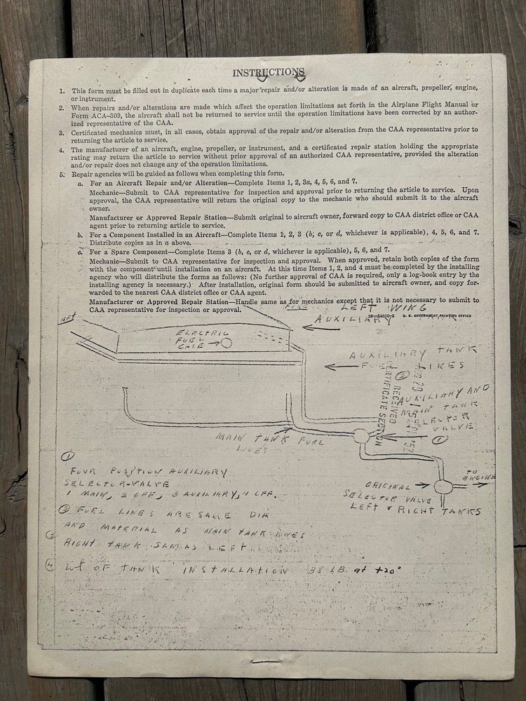 337 Repair and Alternation Form Installation of two extra 30 gallon wing tanks and hardware. This April 16, 1951 used tanks/hardware from the Luscombe factory that would normally have been used for agricultural spraying. 