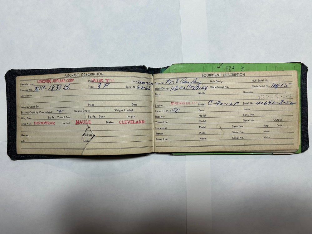 First page of first logbook of N1838B, serial number 6265. June 10, 1948 