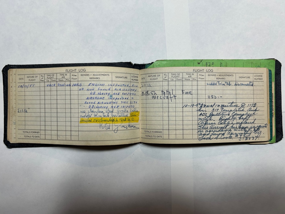 Luscombe 8F N1838B serial 6265 Original Log Book. February 17, 1952. Peter Gluckmann signature in log book. 