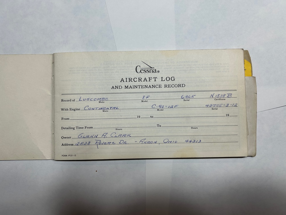 Luscombe 8F N1838B serial 6265 Aircraft Log Book # 2.