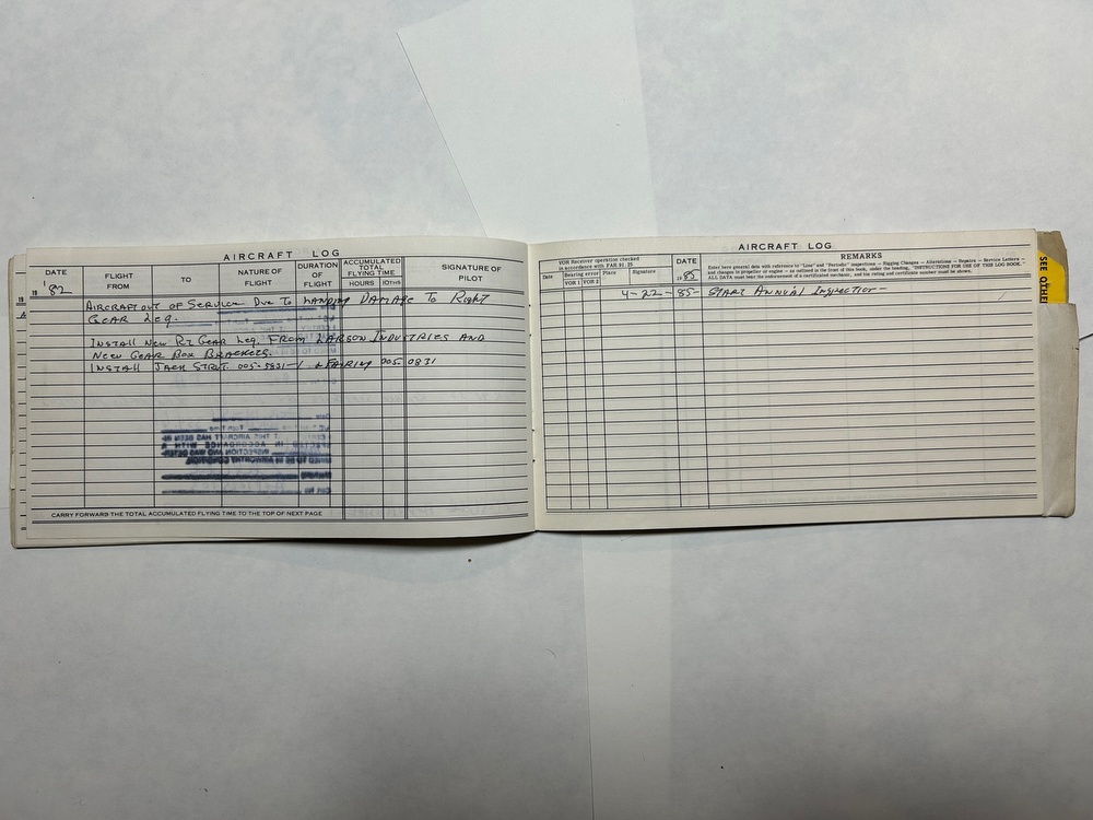 Luscombe 8F N1838B serial 6265 Aircraft Log Book # 2. Last entry 1982 or 1985