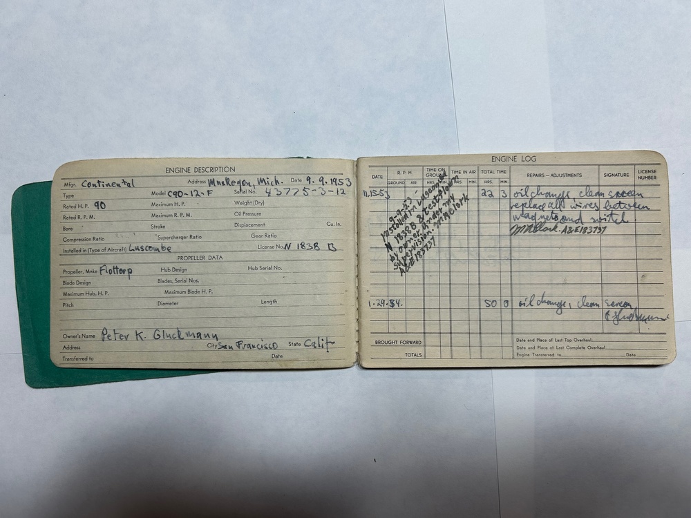 First page of engine logbook, Sept 9, 1953 