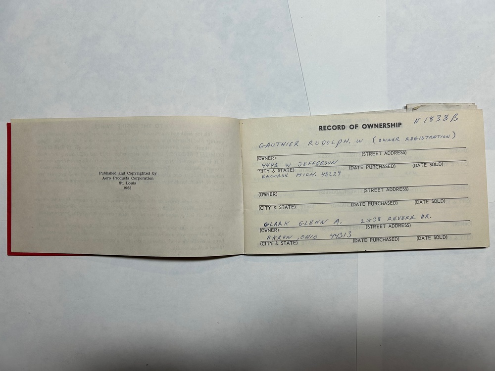 Luscombe 8F N1838B serial 6265 Engine Serial 43775-3-12 Log Book Two 