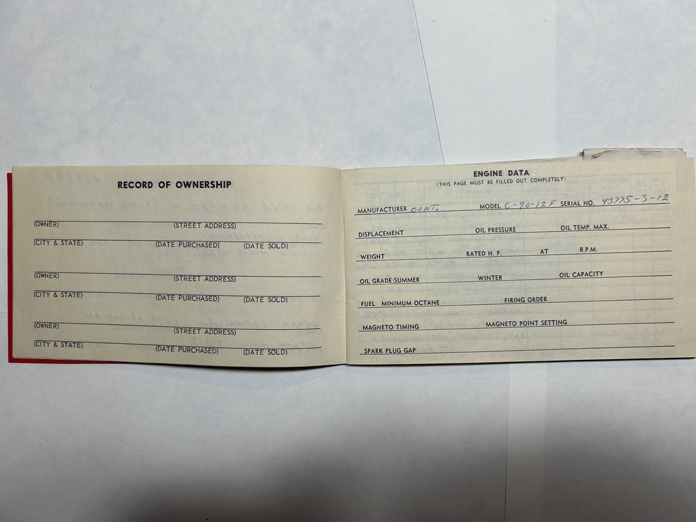 Luscombe 8F N1838B serial 6265 Engine Serial 43775-3-12 Log Book Two 