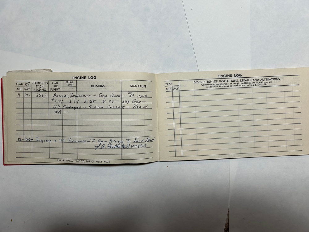 Luscombe 8F N1838B serial 6265 Engine Serial 43775-3-12 Log Book Two  Last Page , last entry 1988